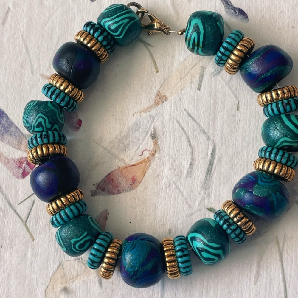 Polymer Clay Beaded Bracelet Teal Blue Gold Tone Boho Chunky Artisan Handmade